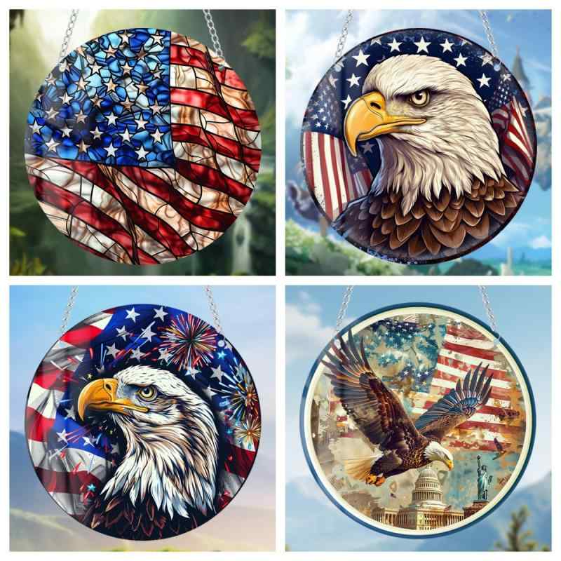オーナメント アメリカ国旗 独立記念日 鷲 ステンドグラス風 アクリル 吊り下げ 丸型プレート 玄関 窓辺 デコレーション 軽量 カラフル インテリア(x2)