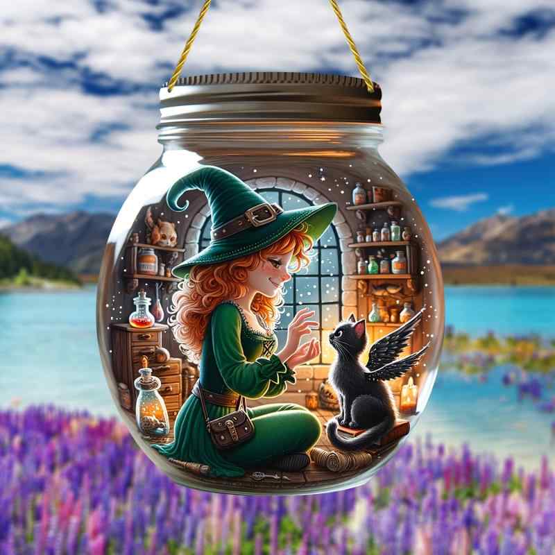 オーナメント かわいい キュート ファンタジー 魔女 黒猫 アクリル製 円形 ボトル型 カラフル 手描き 吊り下げ飾り 窓辺 玄関 ドア インテリア ルームデコレーション デザイン 小物(x2)