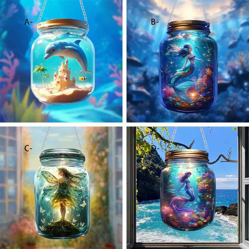 サンキャッチャー 海洋妖精 人魚 マーメイド ファンタジー アクリル 彩絵 円盤 メイソンジャーデザイン チェーン付き 吊り下げ 窓飾り 車内装飾 インテリア ...