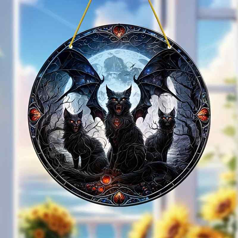 飾り ハロウィン コウモリ 黒猫 不気味 アクリル 窓 玄関 ドア ポーチ 庭 吊り下げ ウォールデコレーション ガーデンオーナメント(x2)