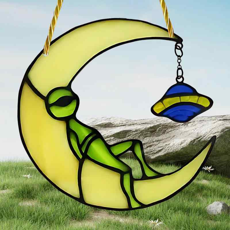 車用吊り下げチャーム アクリル 防水 三日月 エイリアン UFO 宇宙船 チェーン付き 車内 窓 ドア ポーチ インテリア オブジェ 装飾 クリエイティブ かわ...