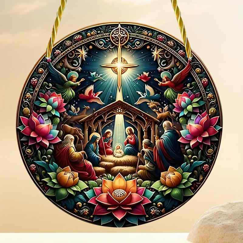 窓飾り アクリル 丸型 カラフル キリスト誕生 イエス 神聖 降誕祭 クリスマス 冬 レトロ ヴィンテージ 吊り下げ ドア窓用 サンキャッチャー インテリアデコ...