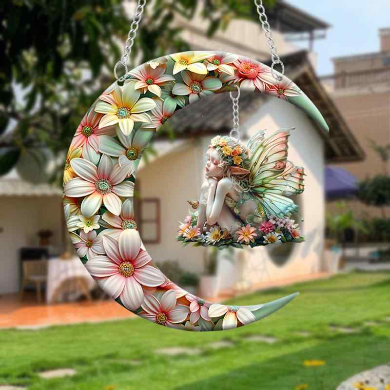 オーナメント 花の妖精 眠れる森の美女 翼付き 三日月 アクリル製 チェーン付き 耐摩耗 防水 レトロ調 窓辺 玄関 車内 インテリア雑貨(x2)