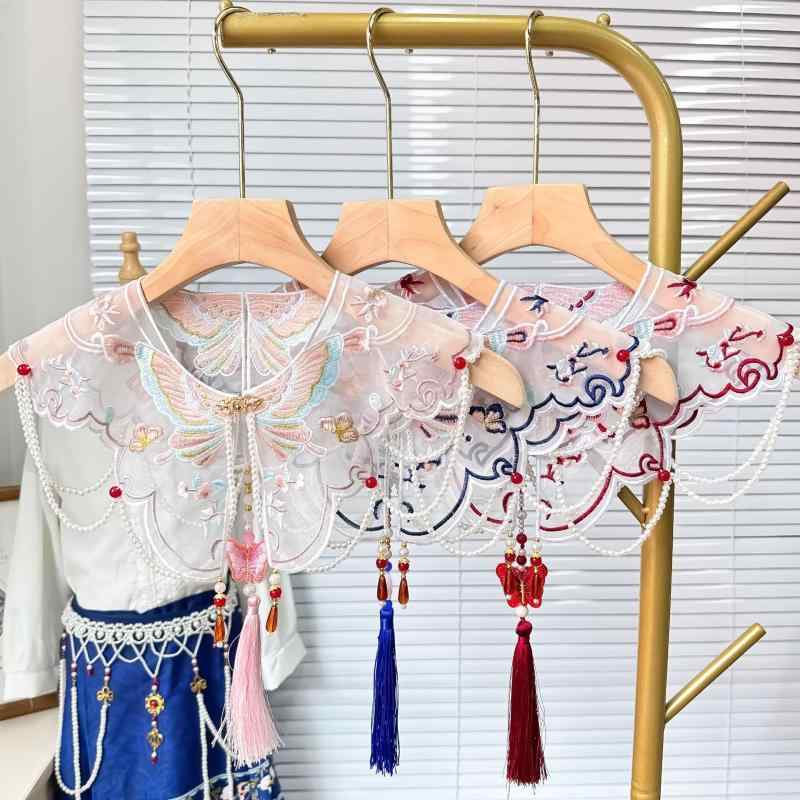 ケープ キッズ 子供用 漢服 新中華風 ポリエステル 刺繍 蝶々 バタフライ タッセル クラウドショール 襟飾り 肩掛け 馬面裙 アクセサリー 和装小物 イベン...