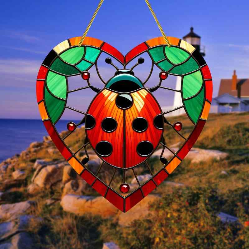 オーナメント ハート形 かわいい てんとう虫 アクリル製 レインボーカラー 窓飾り 壁飾り おしゃれ 吊り下げタイプ インテリア ホームデコレーション 雑貨 レトロデザイン(x2)