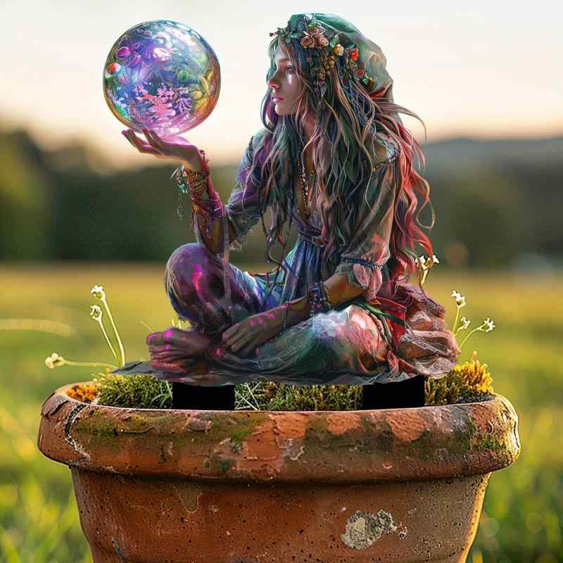 ガーデンピック ユニーク 占い師の妖精 幻想的な水晶玉 アクリル製 スピリチュアル オブジェ アメリカ..