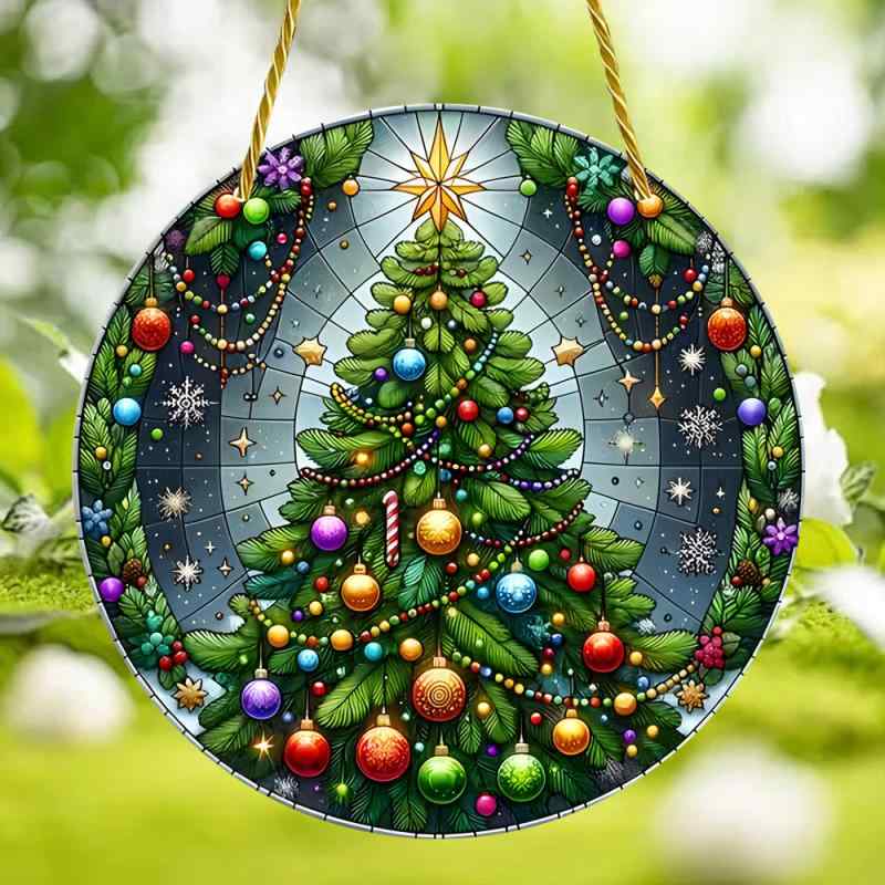 サンキャッチャー オーナメント クリスマス ツリーモチーフ アクリル 丸型 カラフル 窓 吊り下げ ステ..