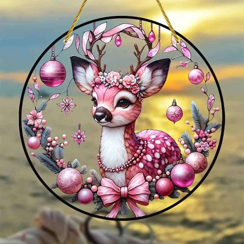 ドアプレート 玄関 飾り 小鹿 ピンク アクリル製 キャラクターデザイン 円形 丸型 軽量 ウォールデコレーション 吊り下げ 部屋 リビング かわいい おしゃれ インテリア オーナメント(x2)