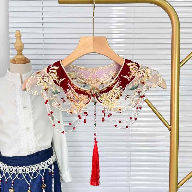 ショール レディース 刺繍 パール 雲肩 レッド レトロ モダン 中華風 漢服スタイル ロングフリンジ 肩掛け 高級感 ポリエステル 春夏(x2)(4)