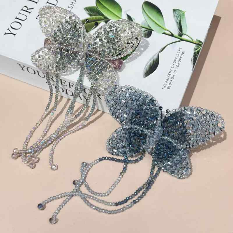 ヘアクリップ レディース 蝶々 バタフライ クリスタル ストーン きらめく フリンジ バレッタ サイド 個..