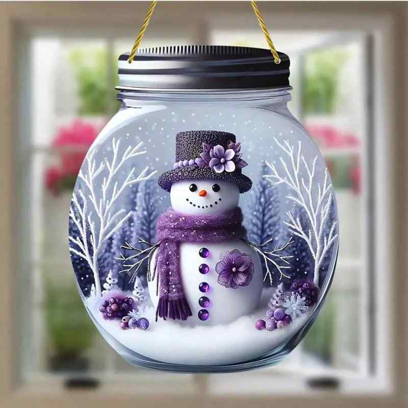 オーナメント スノーマン アクリル スノーハウス メイソンジャー風 パープル ロープ付き 吊り下げ 玄関 リビング インテリア レトロ クリスマス 冬 雑貨(x...