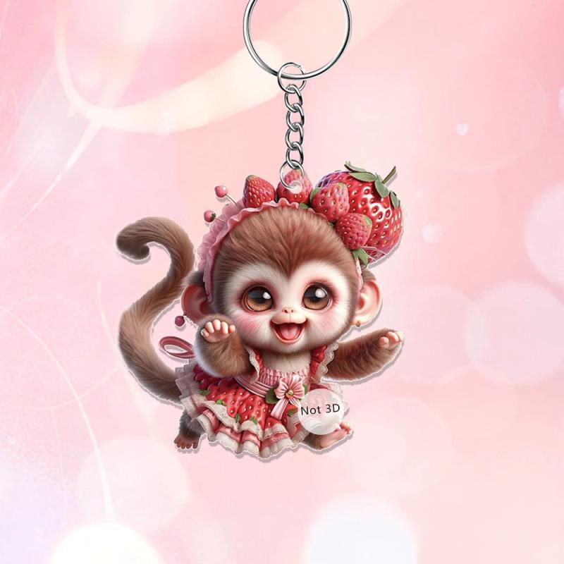 キーホルダー イチゴ ハッピーモンキー アクリル 車載用 バッグチャーム ストラップ 飾り バレンタイン かわいい ミニ おしゃれ(x2)