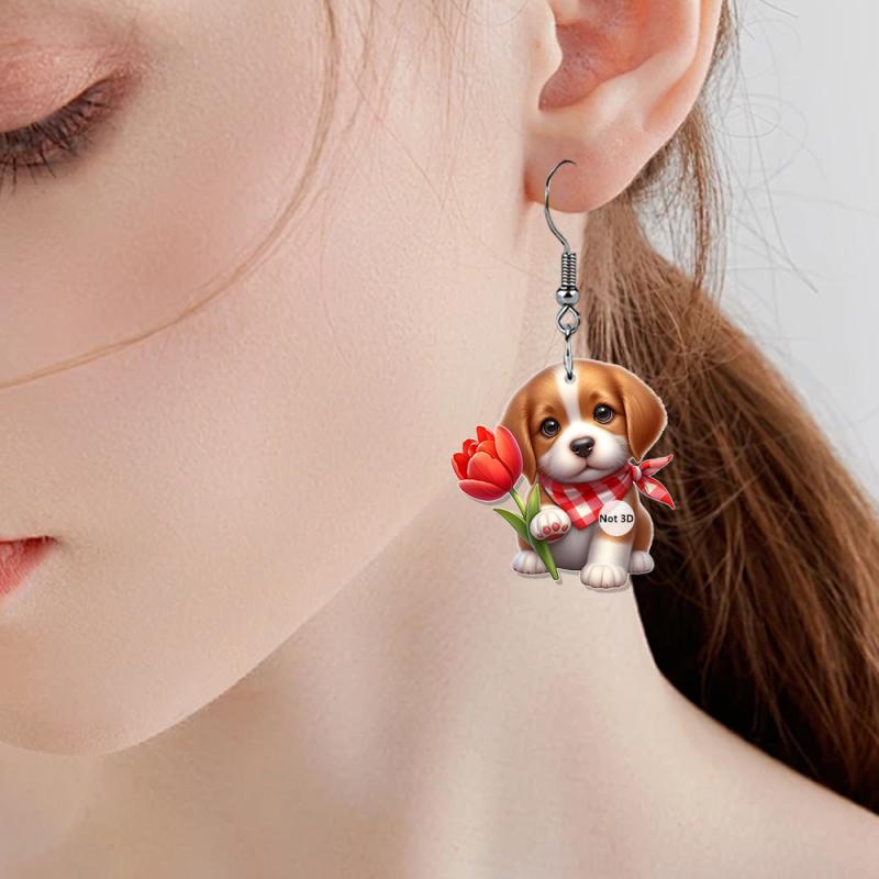 ピアス レディース 女性用 ローズ 犬 ドッグ 2D アクリル 動物モチーフ かわいい キュート ぶら下がり ..