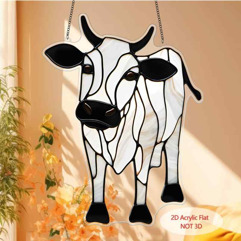 ウォールデコレーション キャラクター 牛 アニマルデザイン 2D平面 アクリル製 ガーデン 壁 インテリア カーアクセサリー 吊り下げ 飾り プレート かわいい チェーン付き(x2)