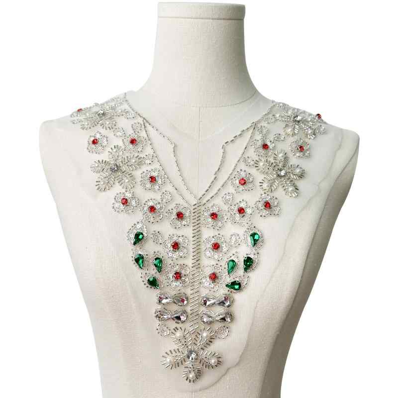 レースアップリケ 豪華 カラーストーン ビーズ 刺繍 メッシュ チュール 襟元 胸元 前立て ドレス ウェ..