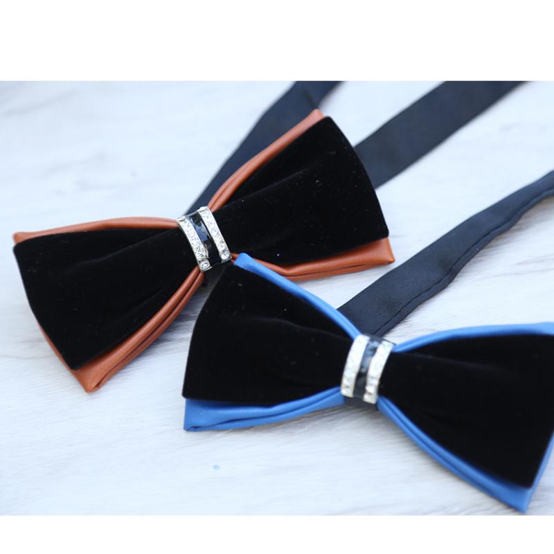ボウタイ メンズ 男性用 ブリティッシュスタイル 英国風 PUレザー フェイクレザー ラインストーン飾り メタルパーツ ポリエステル 無地 結婚式 ウェディング パーティー ビジネス フォーマル 宴会 披露宴(x2)