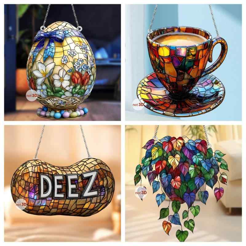 アクリルオーナメント ポトス コーヒーカップ カラフル 平面 デザイン ドア 窓 壁 玄関 リビング イン..