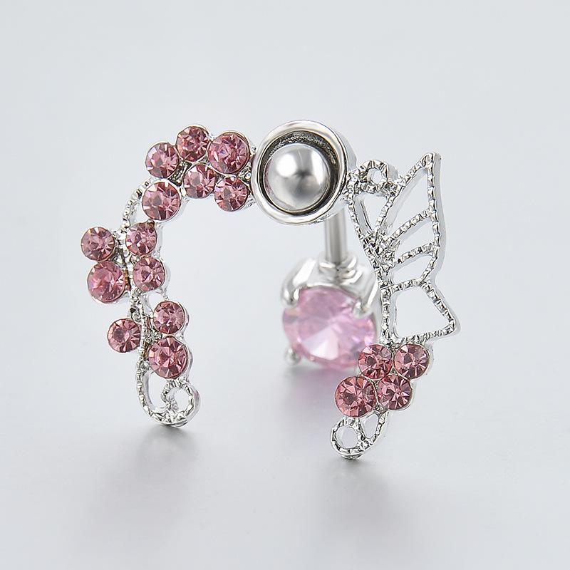 ヘソピアス レディース ステンレス ジルコニア 蝶 バタフライ 透かし 上品 かわいい きらきら ボディピアス 女性用 白 ピンクジルコニア シルバーアクセサリー 普段使い カジュアル