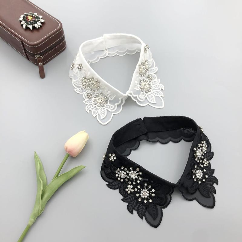 付け襟 レディース 女性用 オフホワイト ブラック モノトーン ポリエステル ダブルガーゼ 刺繍 小粒ラ..