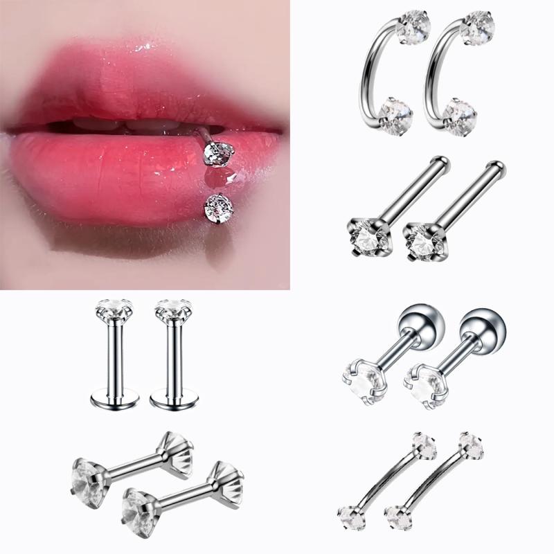 ボディピアス 男女兼用 6点セット ステンレス製 ジルコニア ハート 星 モチーフ リップ 舌 鼻 軟骨 耳対応 キラキラ おしゃれ ファッション 欧米風 ホワイト ブルー パープル ピンク アクセサリー
