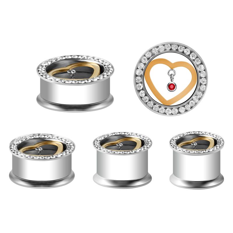 ボディピアス ユニセックス 男女兼用 サージカルステンレス製 耳拡張器 イヤーエキスパンダー ハートチャーム 揺れるペンダント 埋め込みジルコニア ラインストーン ラウンド 丸形 シルバーカラー クリア おしゃれ カジュアル ファッション ジュエリー ア