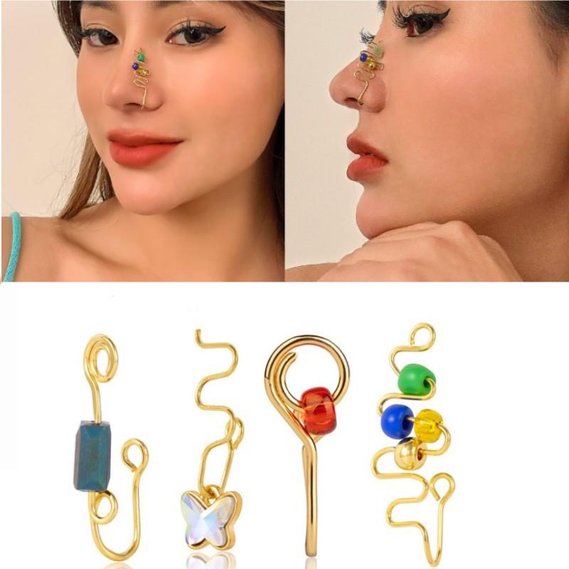 ノーズクリップ 女性用 U字型 バタフライ ジルコニア ステンレス製 電気メッキ加工 チェーン 鼻リング ..