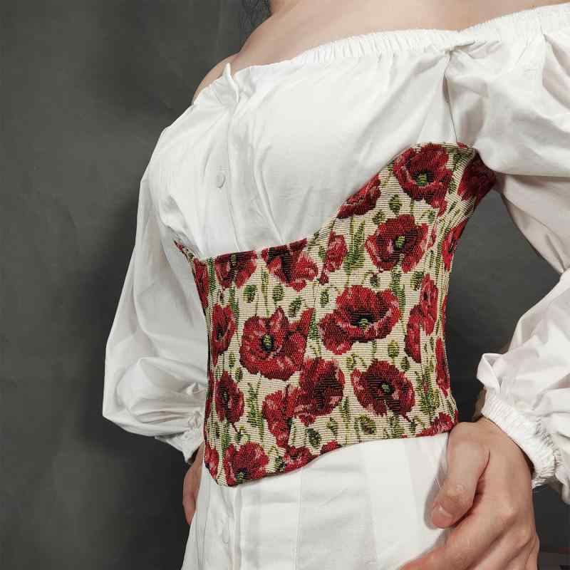 コルセット レディース 女性用 ショート丈 レースアップ ウエストマークベルト 刺繍 ポピー花柄 ラテッ..