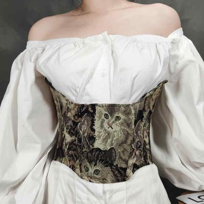 コルセット レディース ショート丈 レースアップ 猫刺繍 かわいい 猫柄 ウエストシェイプ ワンピース ..