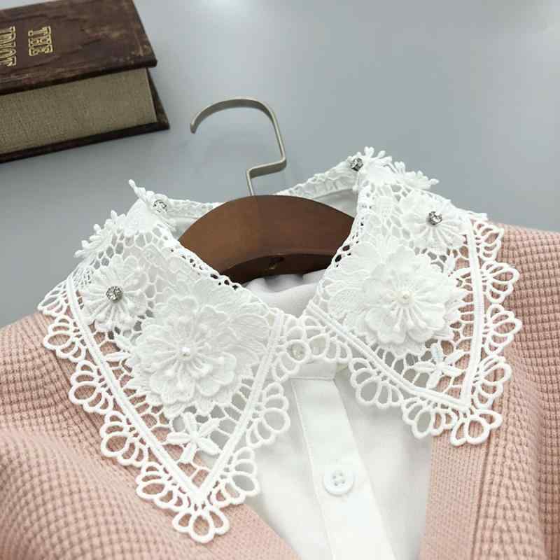 付け襟 レディース 花柄 ウォーターソルブルレース 透かし編み シャツ襟 フェイクカラー 保温 重ね着 ..