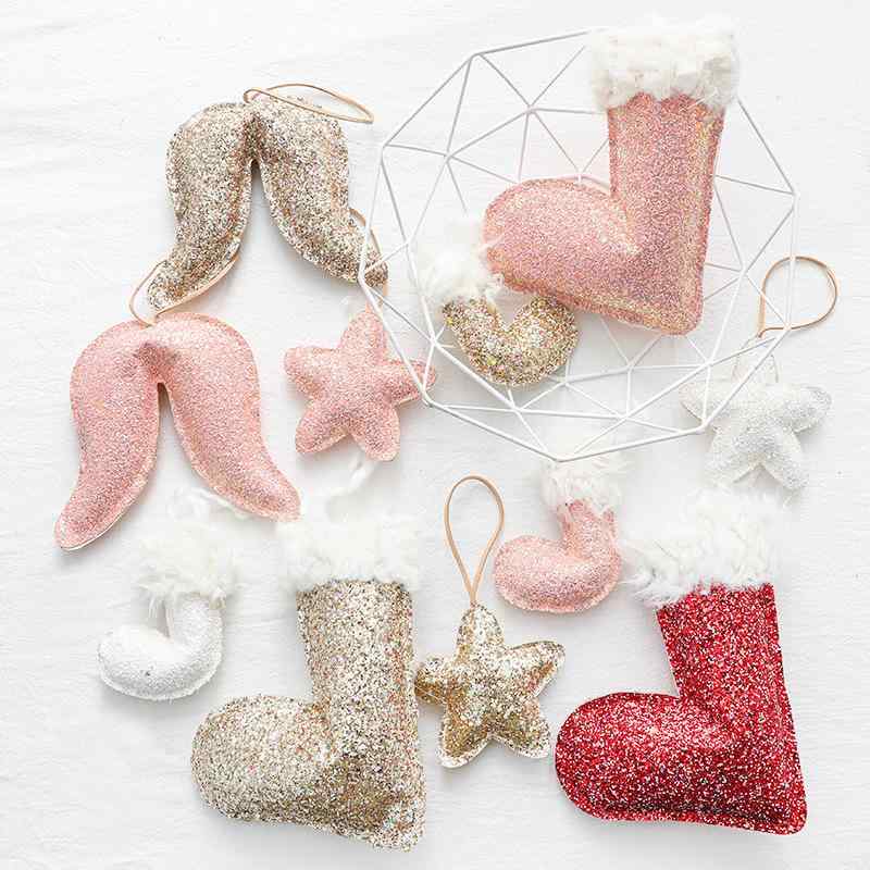 装飾品 クリスマス オーナメント 布製 ファブリック 中綿入り クリスマスツリー飾り クリスマスソックス 靴下 ソックス型 星型 翼 羽根 ゴールド ピンク ホワイト レッド ディスプレイ インテリア ヨーロピアン