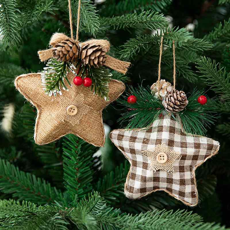 クリスマスツリー オーナメント 麻布 リネン スター 星 松ぼっくり 松の葉 フォーム素材 アメリカンカントリー 貼り付け チェック柄
