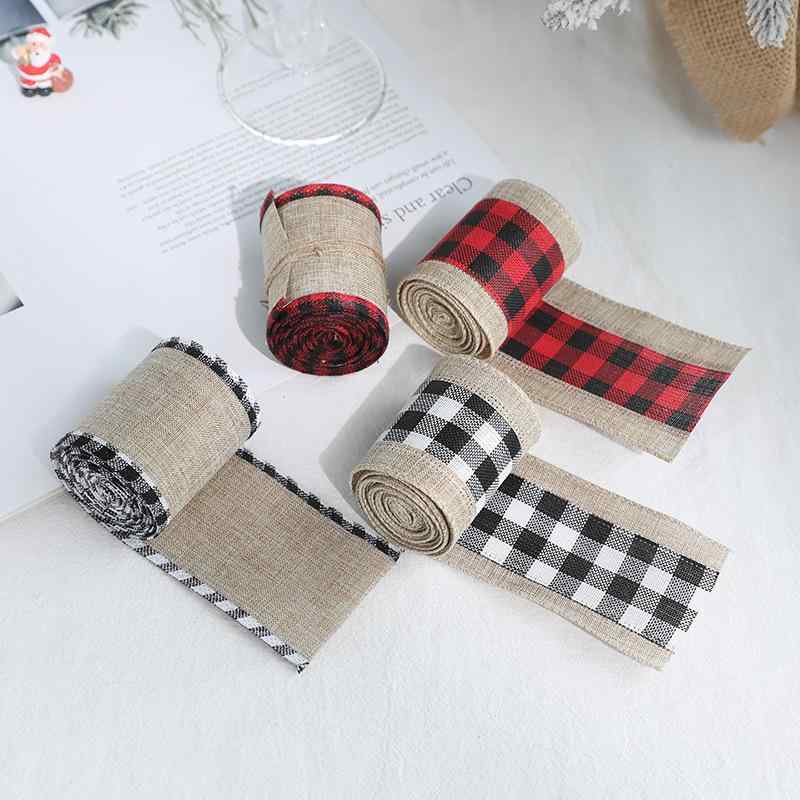 ラッピングリボン クリスマス 麻色 格子柄 織りデザイン 切り替え 縁取り ギフト包装 ボックス装飾 蝶結び 上品 かわいい 手芸 DIY イベント