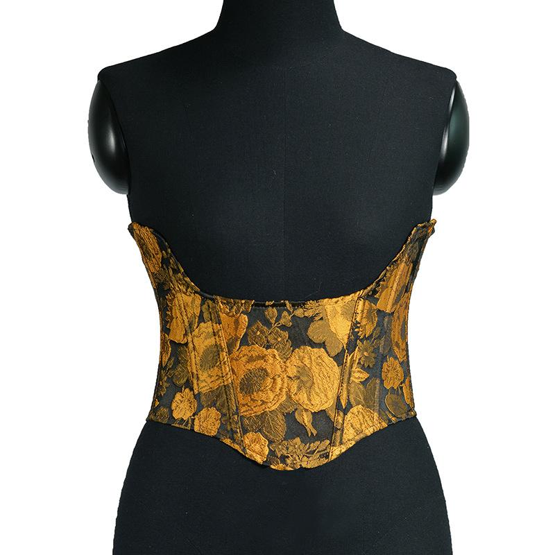 コルセット レディース 女性用 ショート丈 ボーン入り レースアップ 編み上げ ひまわり柄 エンボス加工..