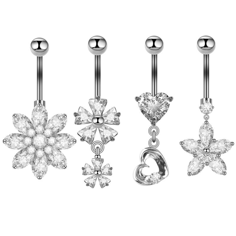 臍ピアス レディース ステンレス 4点セット ハート スノーフレーク フラワー ジルコニア ラインストーン アレルギー対応 おしゃれ かわいい ファッションアクセサリー 上品 煌めき