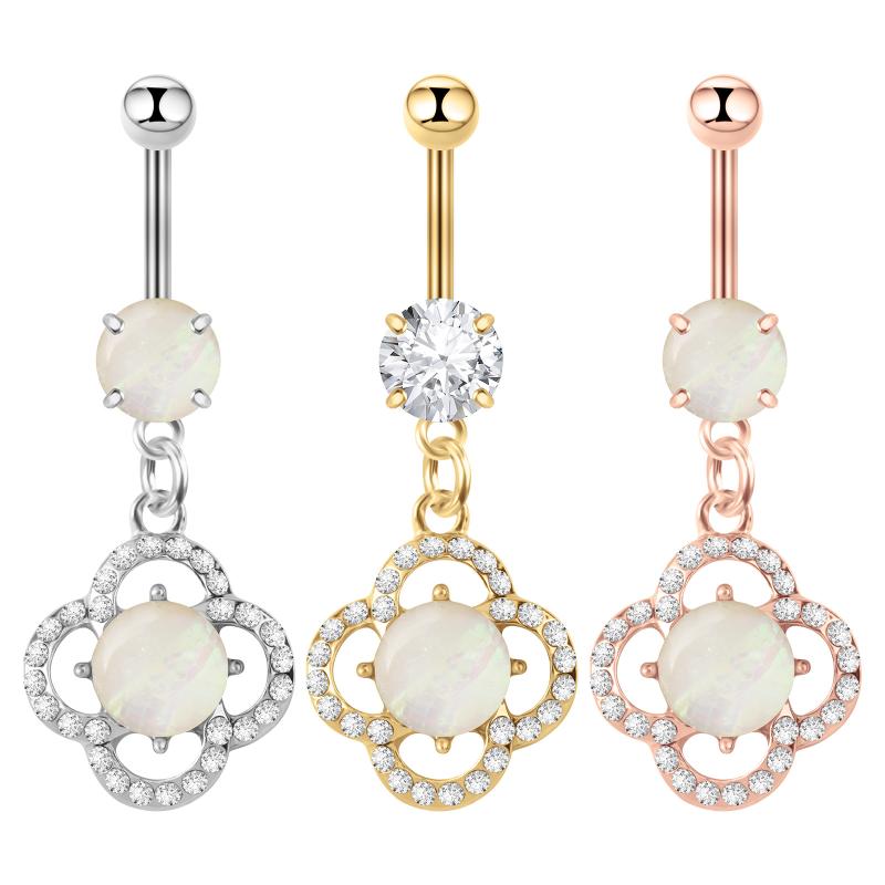 へそピアス ユニセックス 四つ葉 クローバー オパール サージカルステンレス 金属アレルギー対応 シルバー ゴールド ローズゴールド おしゃれ ファッション 普段使い デイリー(4)