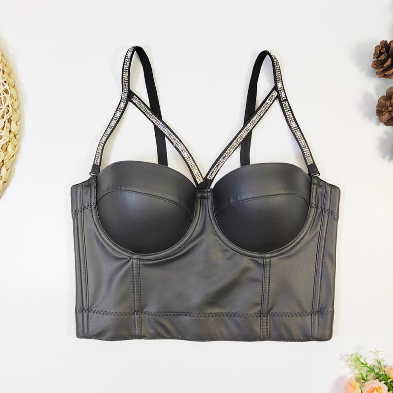 ビスチェ レディース セクシー PUレザー ラインストーン ベスト風 ストラップ ボディシェイパー 補正下..