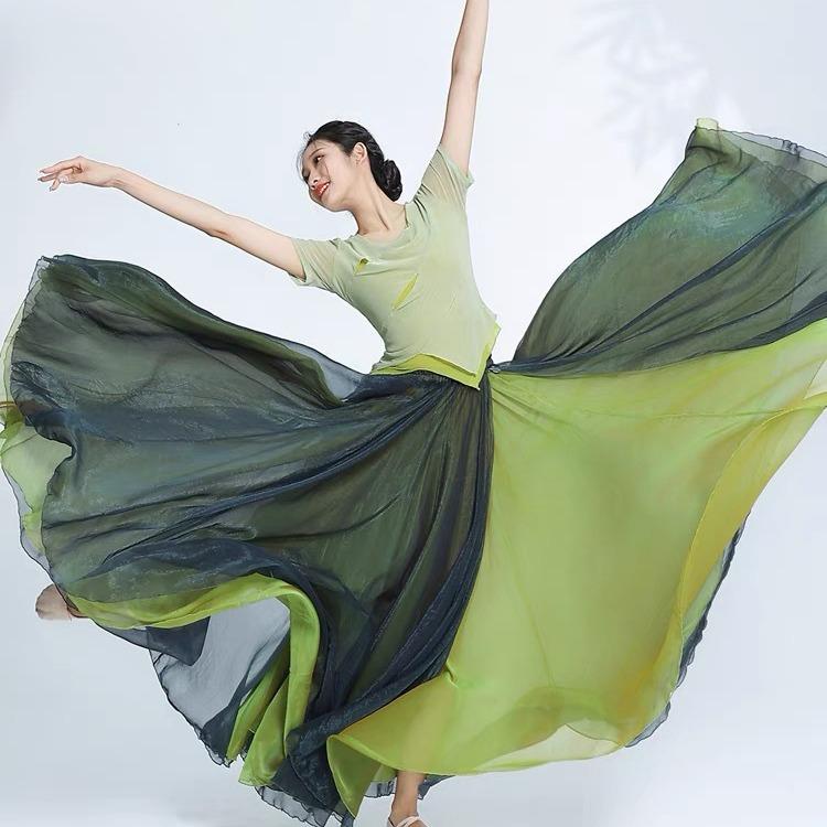 ダンススカート クラシックダンス 900度超ワイドフレア ロング丈 マキシ丈 軽やか ひらひら エレガント テンセル素材 民族風 エスニック レトロモダン 切り替えデザイン 舞台衣装 発表会 練習着