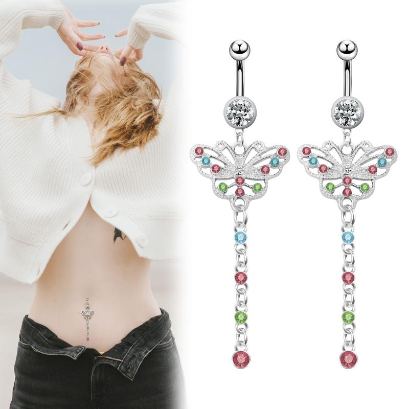 へそピアス レディース 蝶 バタフライ チェーン ジルコニア ラインストーン ステンレス シルバー 電気..