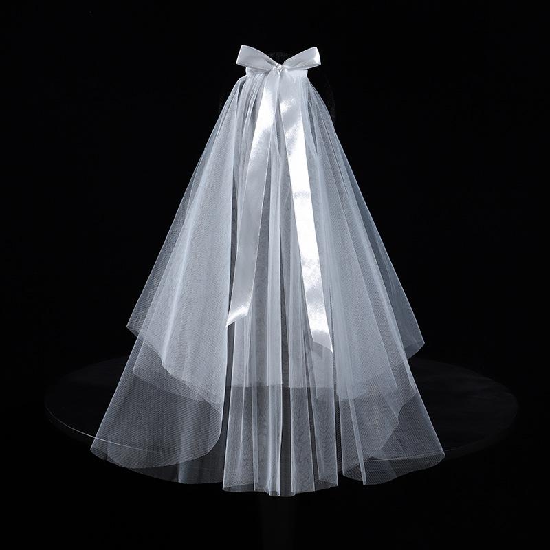 ウェディングベール レディース 花嫁 ブライダル ショート丈 蝶結び リボン チュール ヘッドドレス 髪..