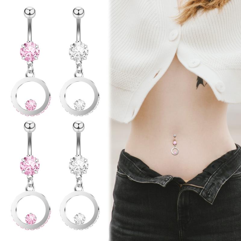 へそピアス 男女兼用 ユニセックス ラウンド ジルコニア ラインストーン ステンレス サージカルステンレス 幾何学 透かし彫り ボディピアス ホワイト ピンク 電気メッキ加工 カジュアル ファッション アクセサリー