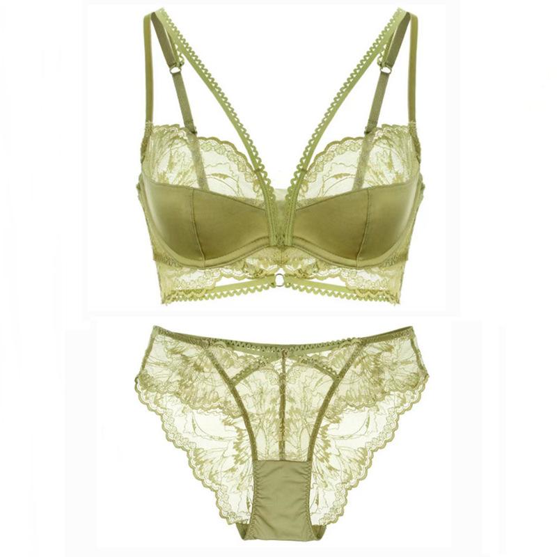 ブラジャー レディース フレンチ レース セクシー 極薄 3/4カップ ノンパッド バストアップ 着痩せ効果 垂れ防止 リフトアップ ブラショーツセット ポリエステル素材 ブラック モスグリーン ワインレッド 下着