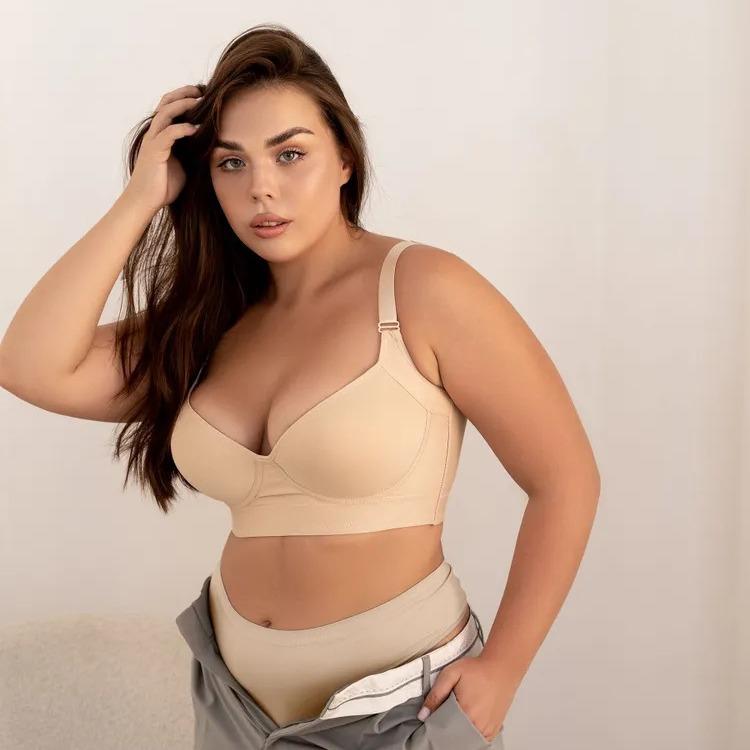 ブラジャー レディース 大きいサイズ プラスサイズ シームレス 深Vネック ワイヤー入り 寄せ上げ 谷間メイク 盛りブラ バストアップ 垂れ防止 リフトアップ スポーツブラ 美背デザイン ナイロン 綿混