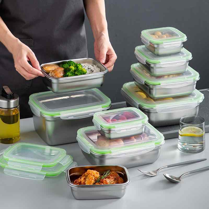 保存容器 304ステンレス製 蓋付き 密閉 鮮度保持 弁当箱 ランチボックス 冷蔵庫収納 作り置き 常備菜 汁漏れ防止 長方形 シンプル モダン タッパー ケース