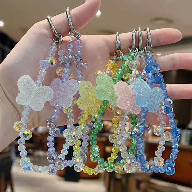 スマホストラップ レディース シュガーカラー蝶 カラフルクリスタル アクリル 韓国風 かわいい 高見え おしゃれ マルチカラー キーホルダー 春夏