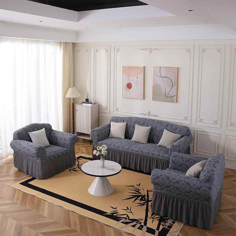 ソファカバー 滑り止め トラ柄 ジャガード織り 裾フリル 伸縮性 ストレッチ オールシーズン 猫の爪とぎ防止 ペット対策 ポリエステル マルチカバー 模様替え