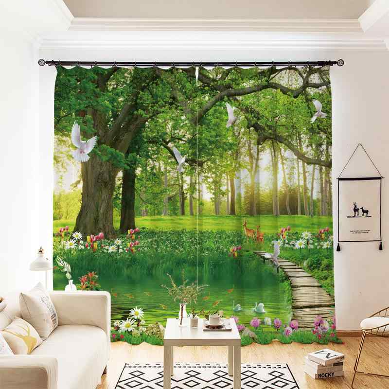 カーテン 3D 立体感 森林 グリーン 風景画 遮光 レース リビング 寝室 出窓 バルコニー 書斎 子供部屋 おしゃれ モダン ポリエステル製 プライバシー保護 日よけ ナチュラル インテリア