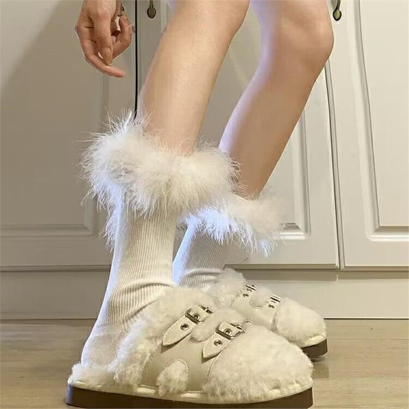 ソックス レディース リブ 細見え かわいい ふわふわ ミドル丈 白 黒 フェザー 個性的 万能 フリル 春..