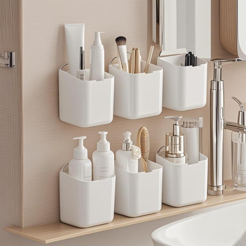 バスルーム用品 壁掛け 穴あけ不要 粘着式 多機能 プラスチック製 生理用品 歯ブラシホルダー 小物入れ..