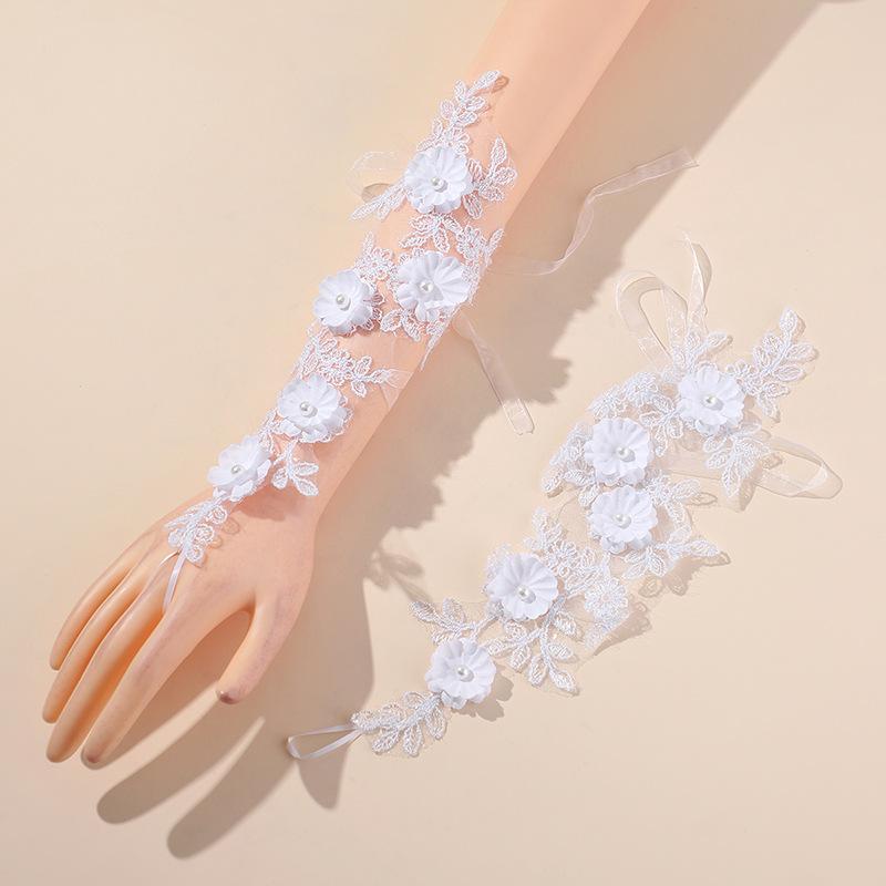 グローブ レディース ウェディング ブライダル 花嫁 手袋 白 ホワイト レース 花 フラワー フィンガー..