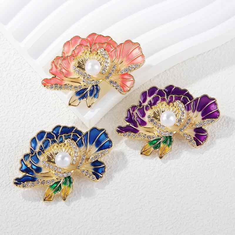 ブローチ レディース 中国風 高級感 牡丹花 エナメル ラインストーン 華やか 上品 レトロ ヴィンテージ..